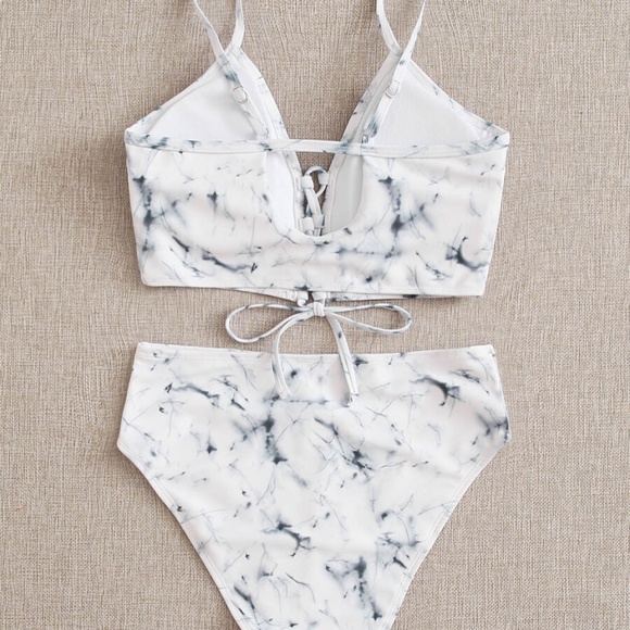 Boho Marble Print Tie Up High Waist Bikini Swim - Picture 2 of 3